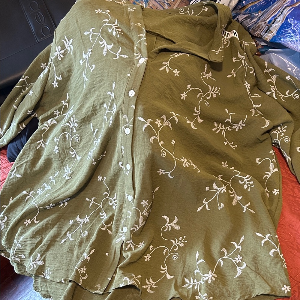 Floral Embroidered Olive Button Down Shirt